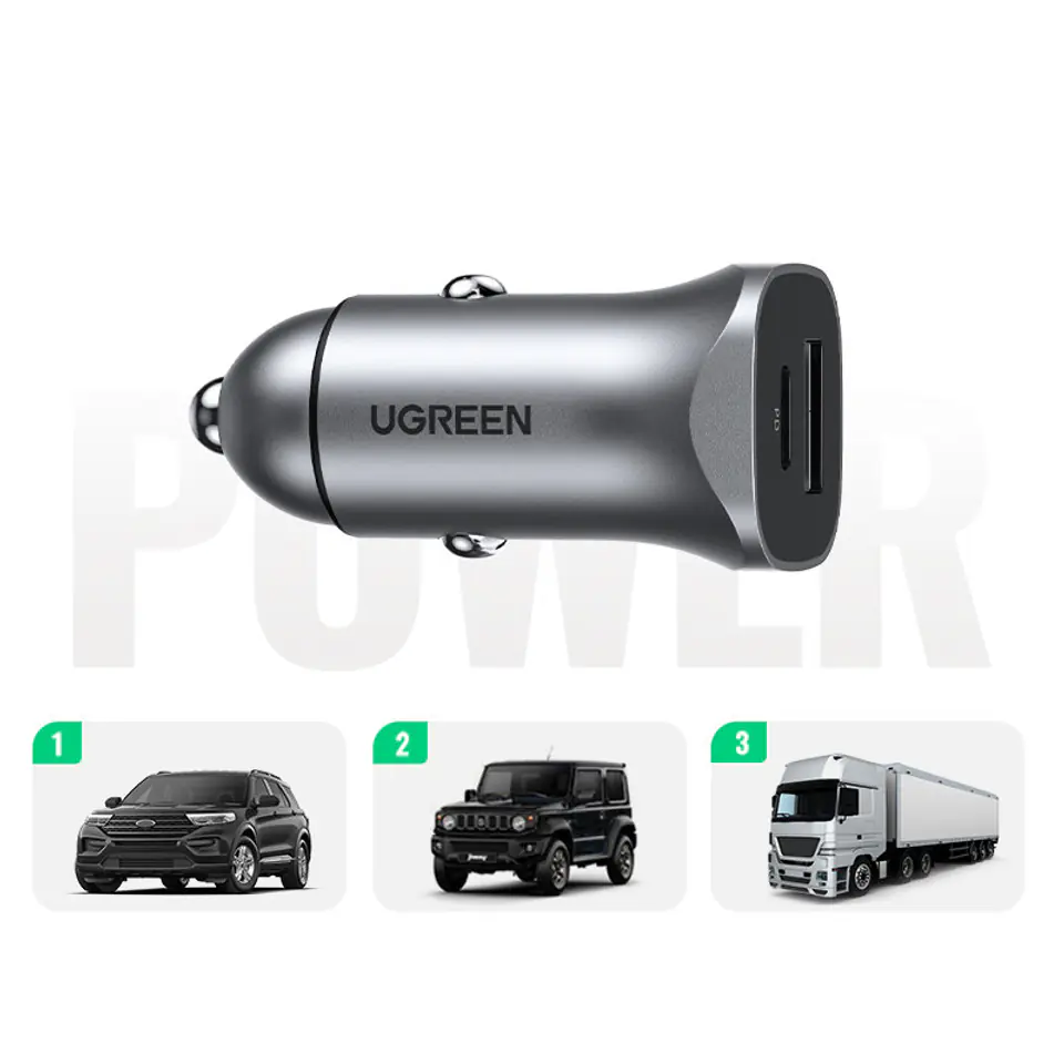Ugreen USB Car Charger Type C / USB 24W Power Delivery Quick Charge grey  30780