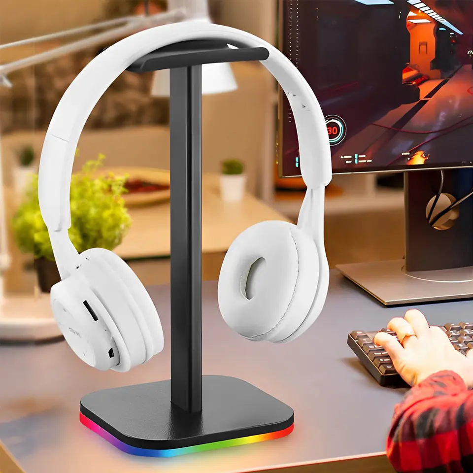 Stojak na słuchawki nauszne gamingowe podstawka uchwyt z podświetleniem RGB LED Czarny