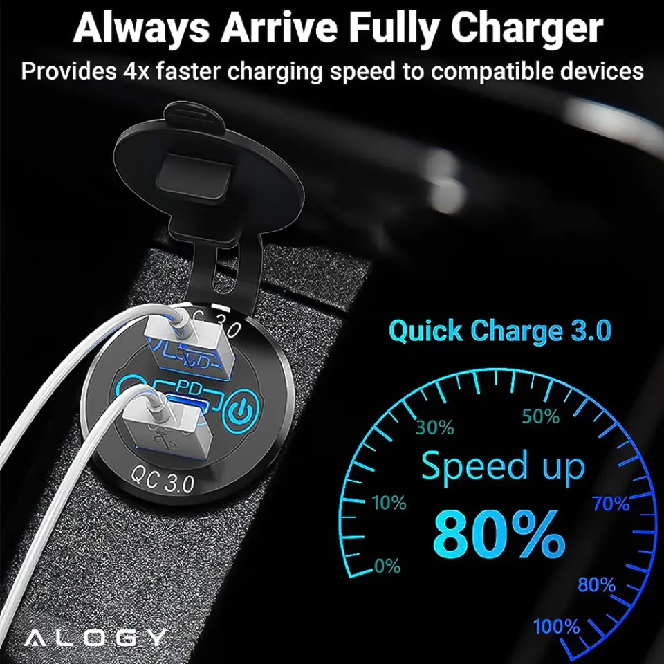 Ładowarka samochodowa LED gniazdo Alogy Mini Car Charge do motocykla zasilacz konektory Alogy 2x USB QC 3.0 + USB-C PD 60W