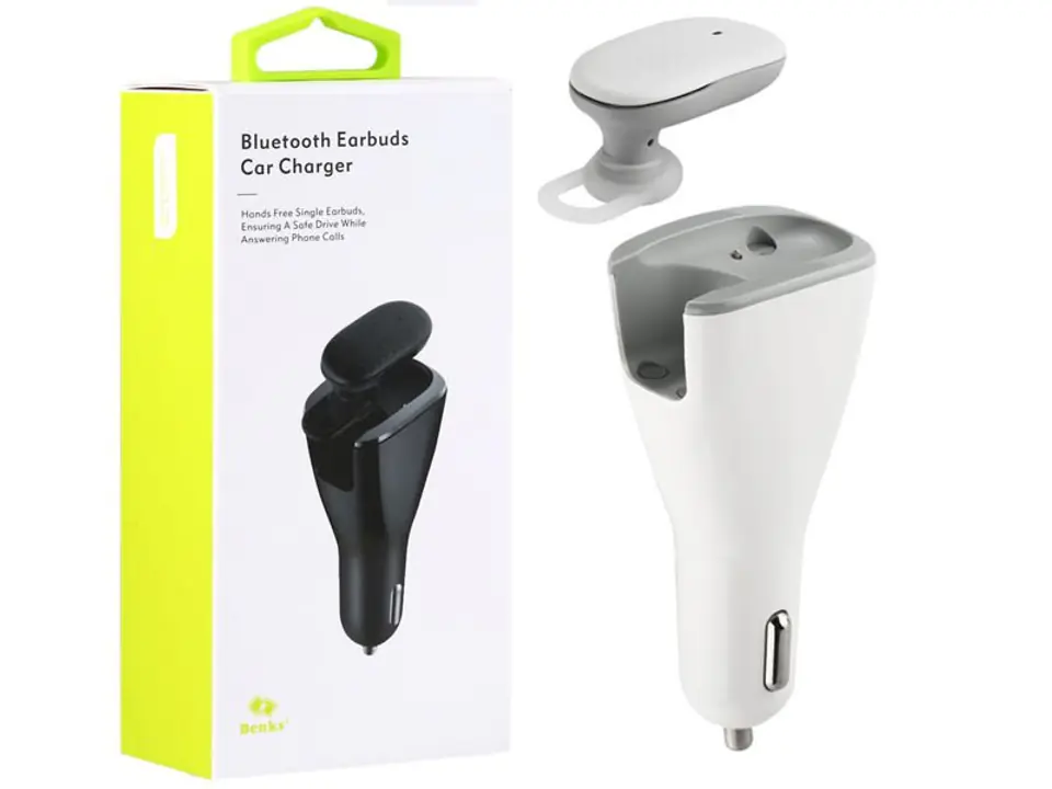 image of Benks 2W1 Słuchawka Bluetooth + ładowarka Samochodowa 2X USB White