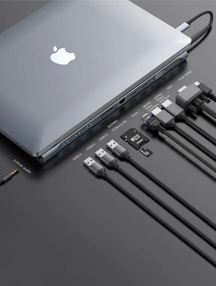 HUB 10 en 1: USB-C, audio, LAN, HDMI, VGA, SD, Micro SD, 3x USB 3.0