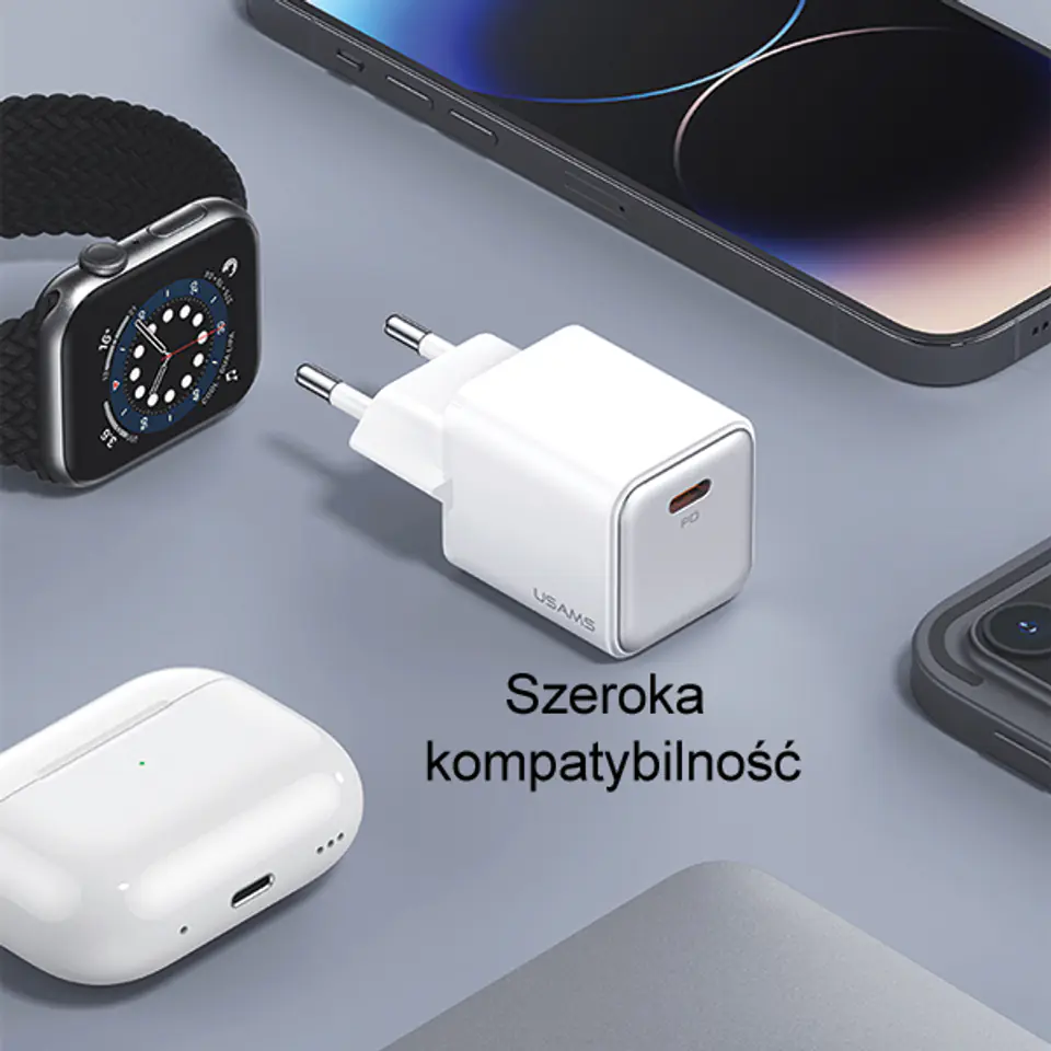 USAMS Ład. siec. 1xUSB-C PD20WPD3.0 Fast Charging US-CC183 + kabel USB-C/Lightning US-SJ610 biały/white YX Series YXXLOGTC03