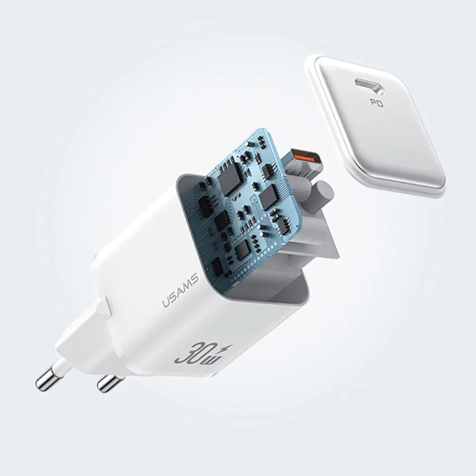 USAMS Ład. siec. 1xUSB-C PD30W PD3.0 Fast Charging US-CC186 + kabel USB-C/Lightning US-SJ610 biały/white YX Series YXXLOGTC04