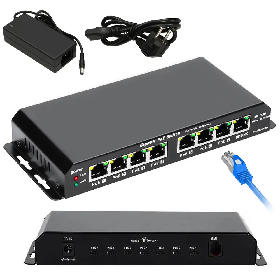 8 Port 10/100 Mode B PoE Injector with 48V 60W Power Supply