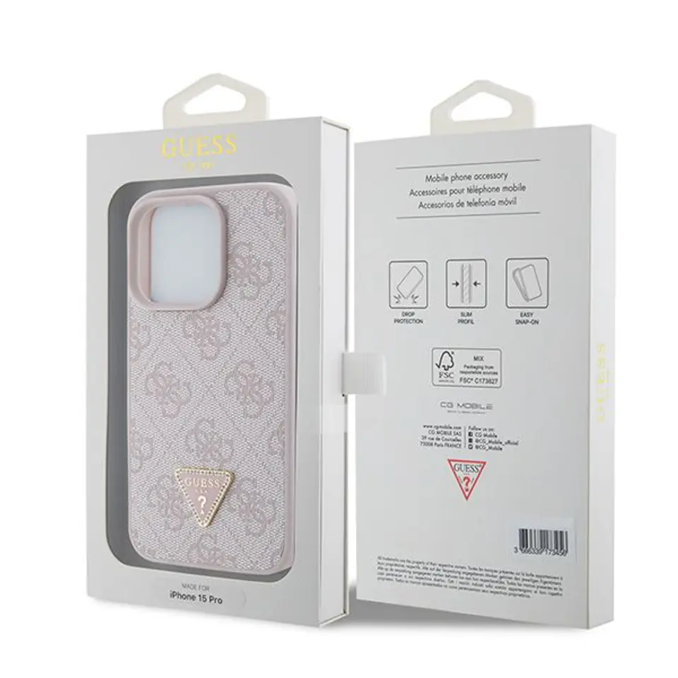 Guess GUHCP15LP4TDPP iPhone 15 Pro 6.1" różowy/pink hardcase Leather 4G Triangle Strass