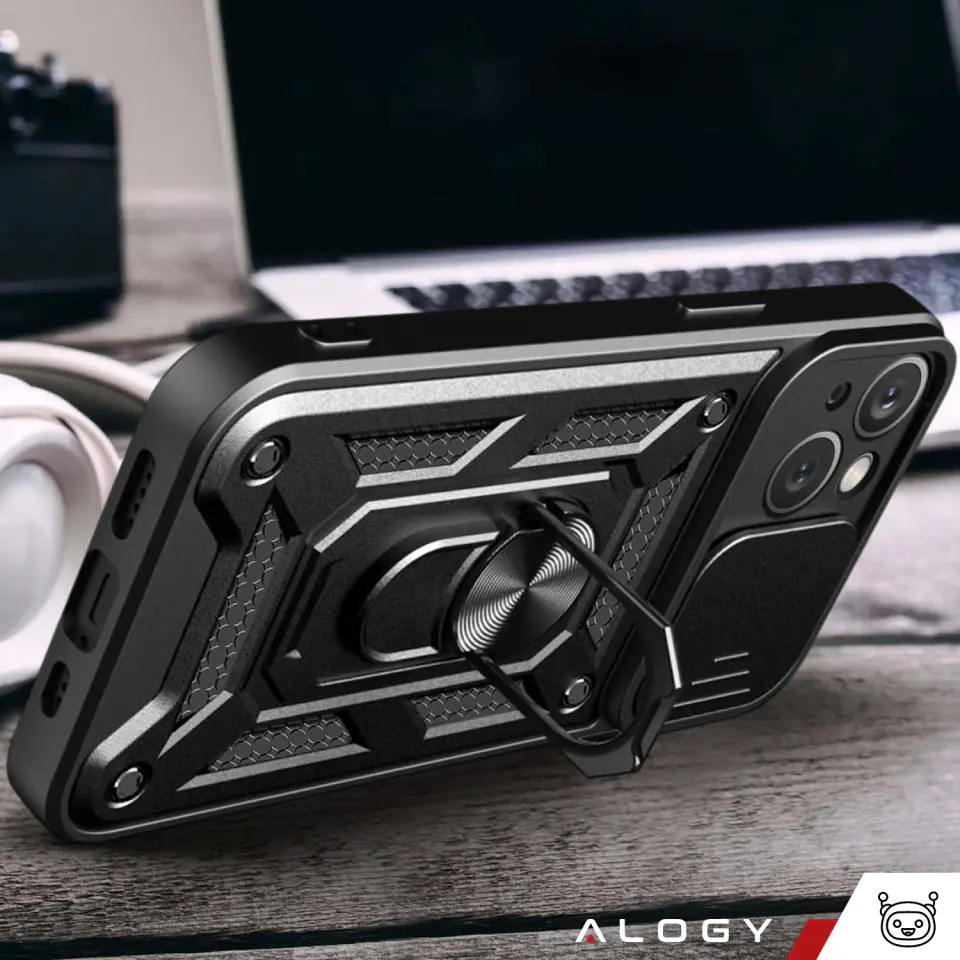 Etui pancerne do iPhone 15 Plus Camshield Case Ring Alogy Stand z osłonką na aparat slide czarne