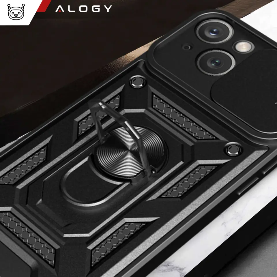 Etui pancerne do iPhone 15 Plus Camshield Case Ring Alogy Stand z osłonką na aparat slide czarne