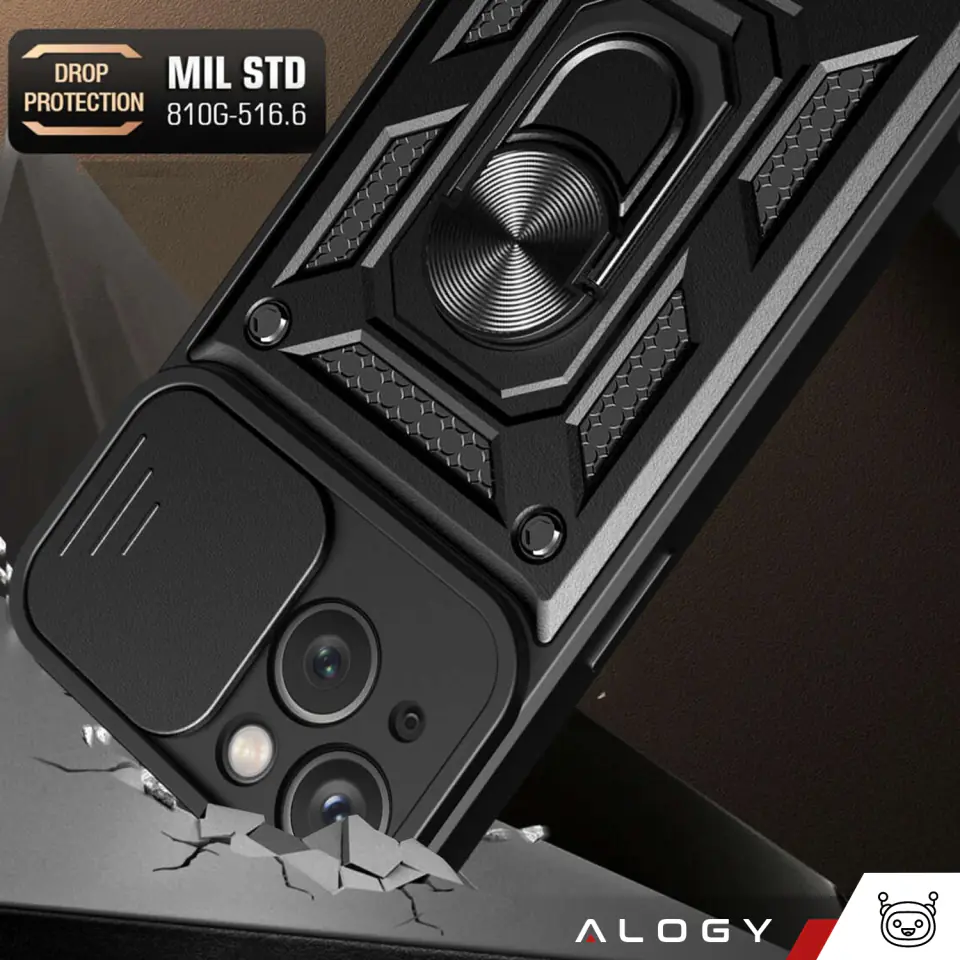 Etui pancerne do iPhone 15 Camshield Case Ring Alogy Stand z osłonką na aparat slide czarne