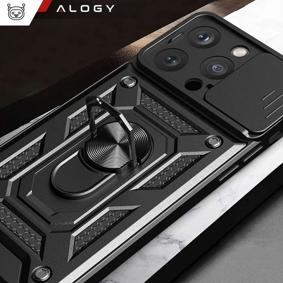 Etui pancerne do iPhone 15 Pro Camshield Case Ring Alogy Stand z osłonką na aparat slide czarne