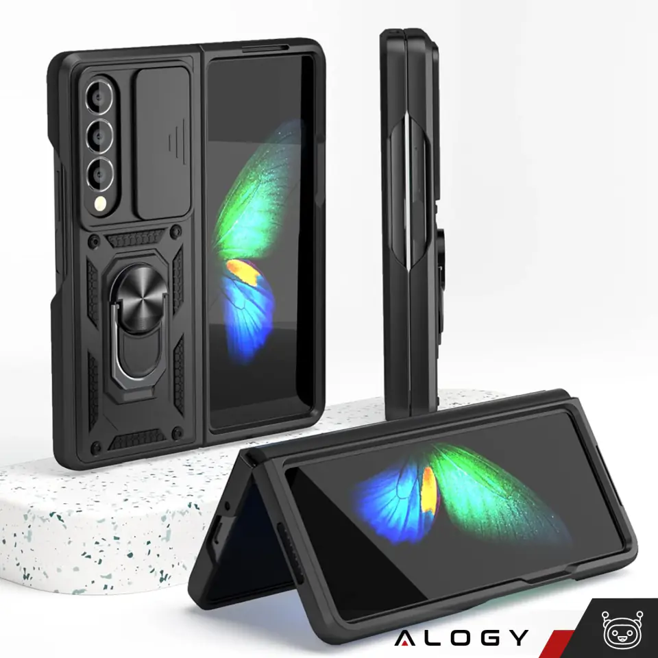 Etui pancerne do Galaxy Z Fold 5 Camshield Case Ring Alogy Stand z osłonką na aparat slide czarne