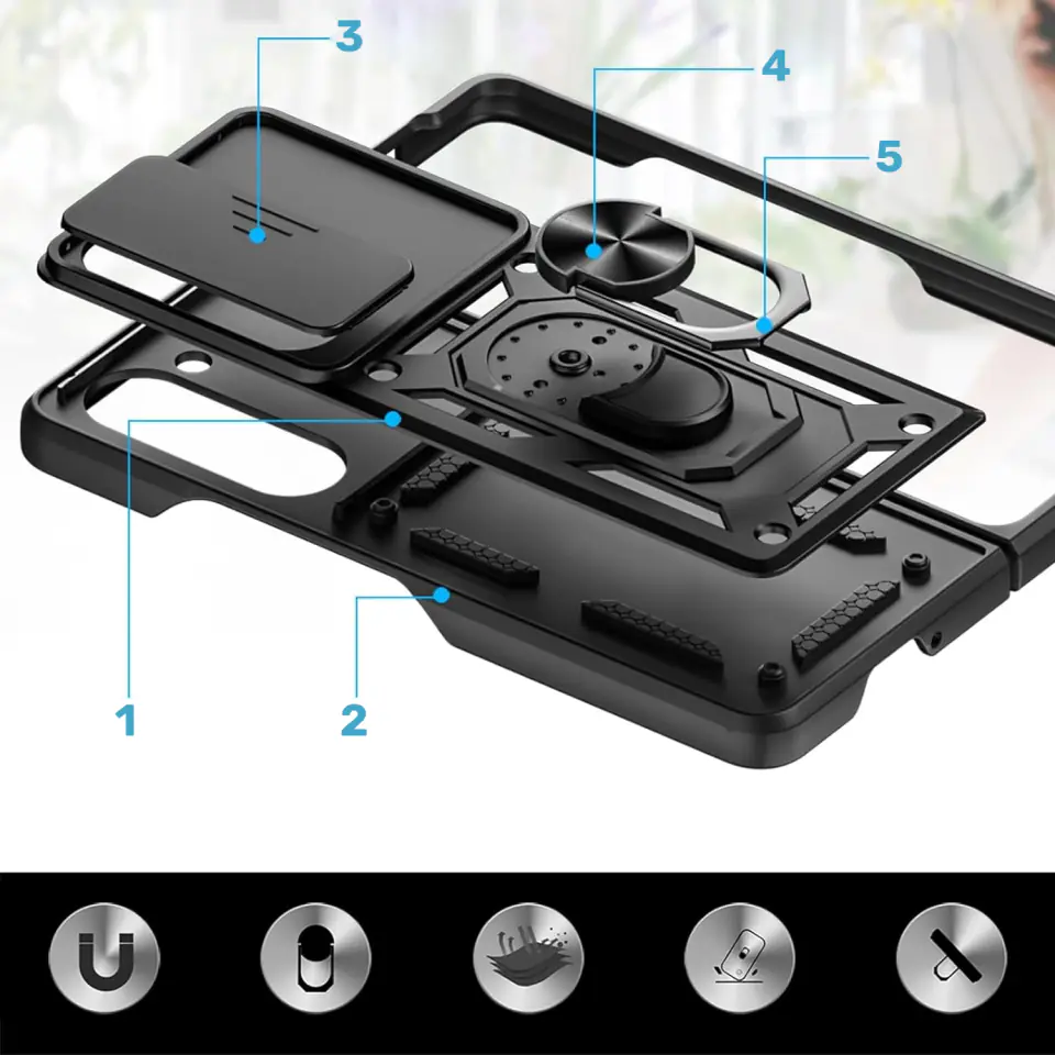 Etui pancerne do Galaxy Z Fold 5 Camshield Case Ring Alogy Stand z osłonką na aparat slide czarne