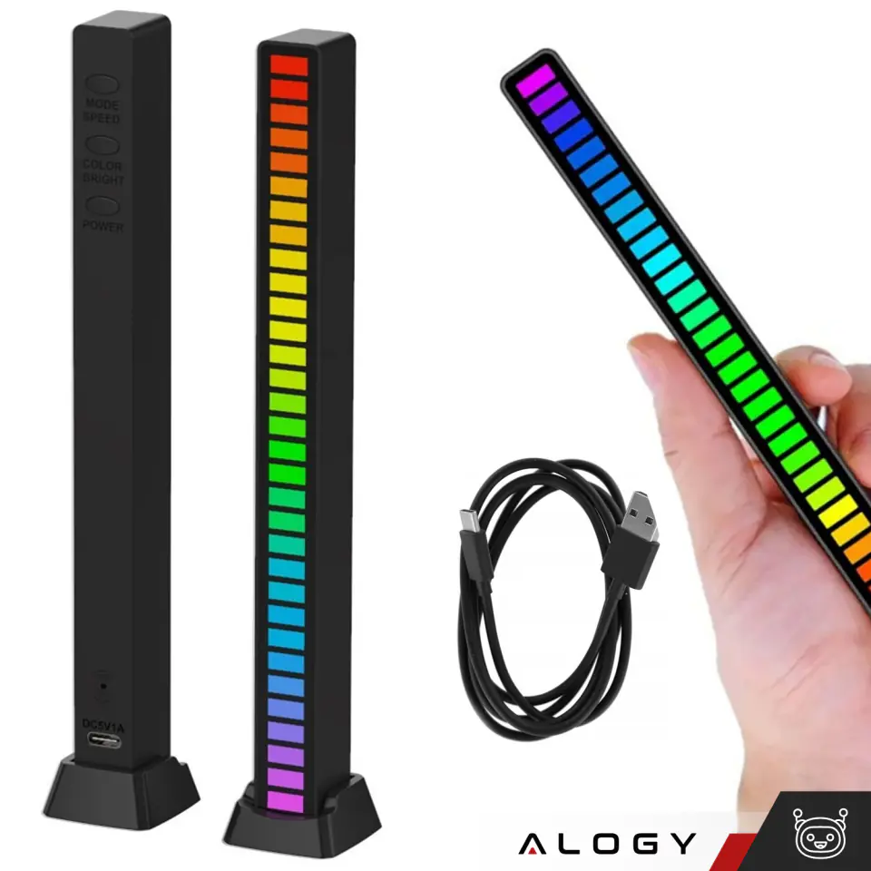 Lampa LED RGB Lampka USB migająca w rytm muzyki Listwa Smart Bar 18cm kolorowa 32bit Gaming Alogy Czarny