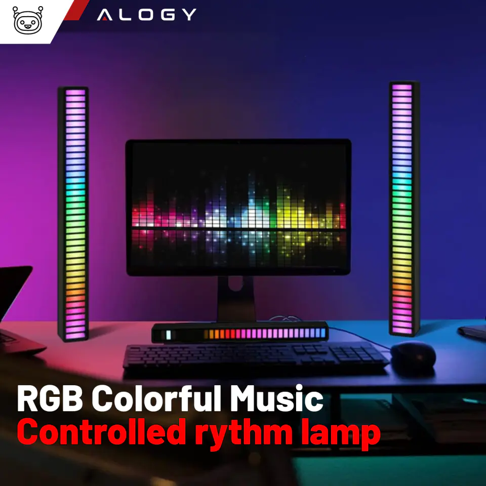 Lampa LED RGB Lampka USB migająca w rytm muzyki Listwa Smart Bar 18cm kolorowa 32bit Gaming Alogy Czarny