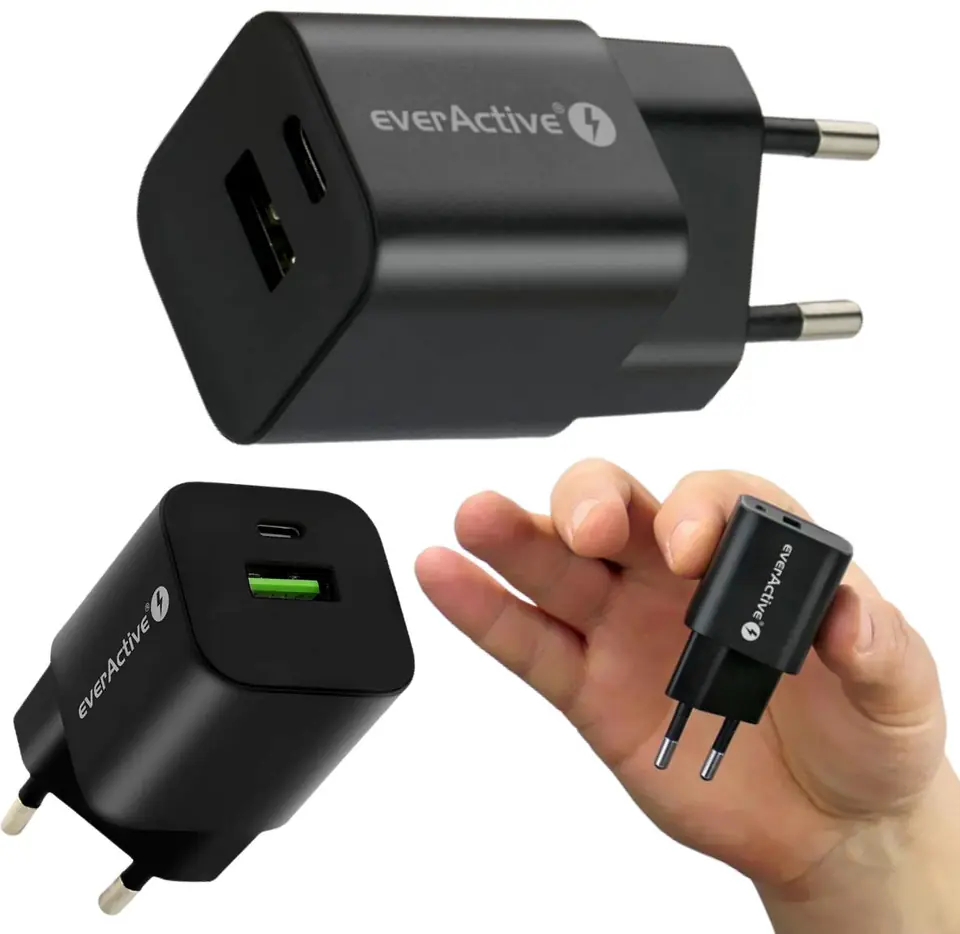 Ładowarka sieciowa 230V EVERACTIVE SC-390QB 1xUSB-C + 1xUSB 3A czarna