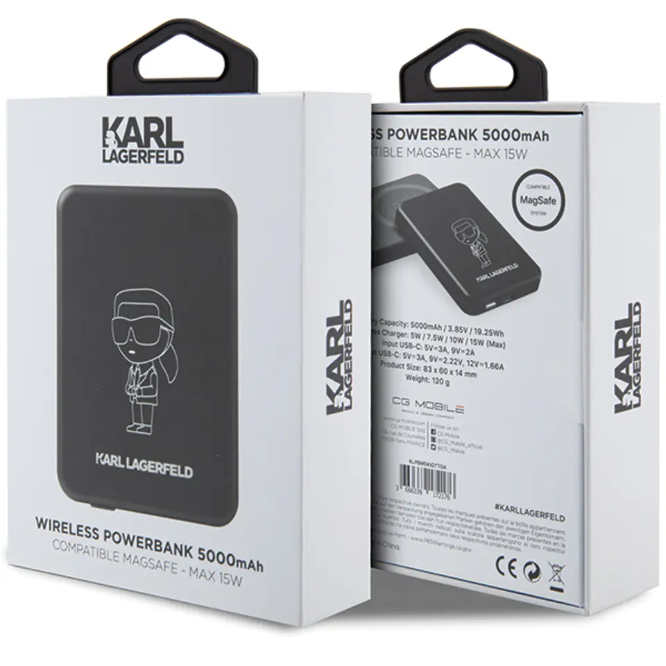 Karl Lagerfeld Powerbank indukcyjnyKLPBM5KIOTTGK 5000mAh czarny/black NFT Outline Ikonik MagSafe