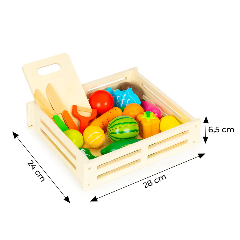 Drewniane warzywa i owoce do krojenia 17 elementów + drewniana skrzynka