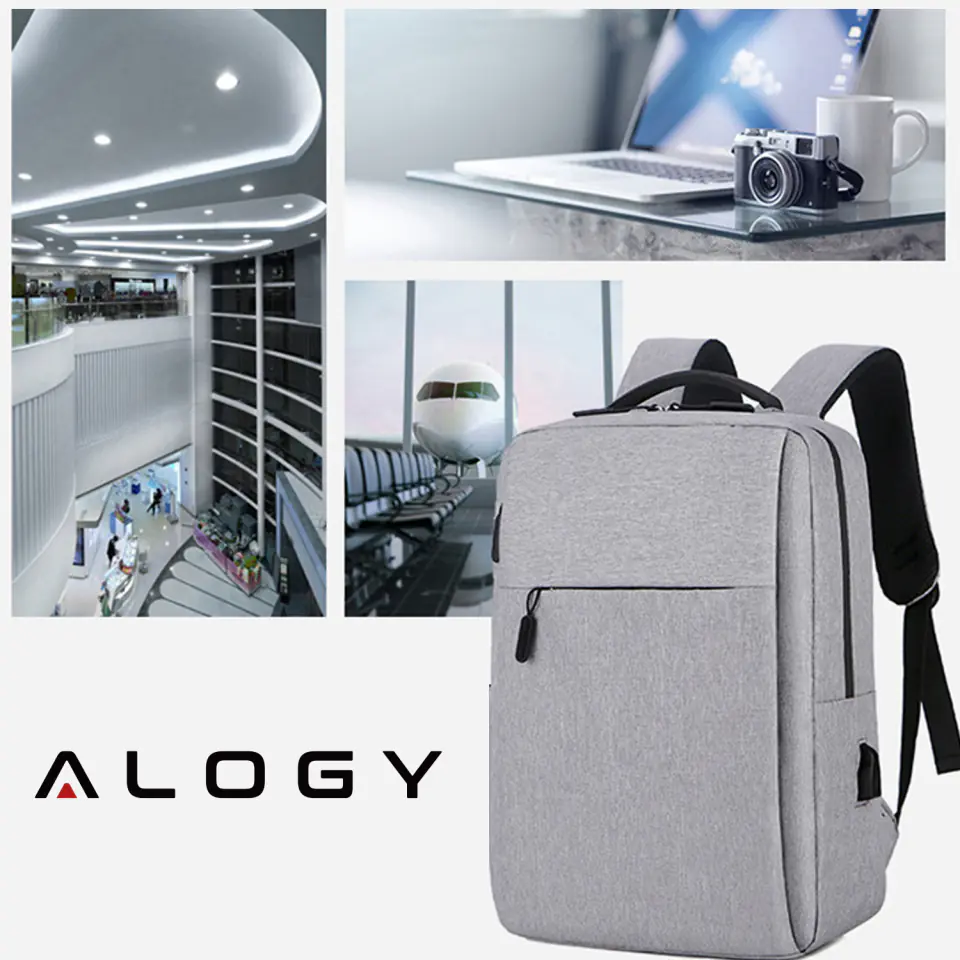 Plecak torba na laptopa 15,6" duży wodoodporny z portem USB Unisex 41x29x12cm do samolotu Alogy Backpack Szary