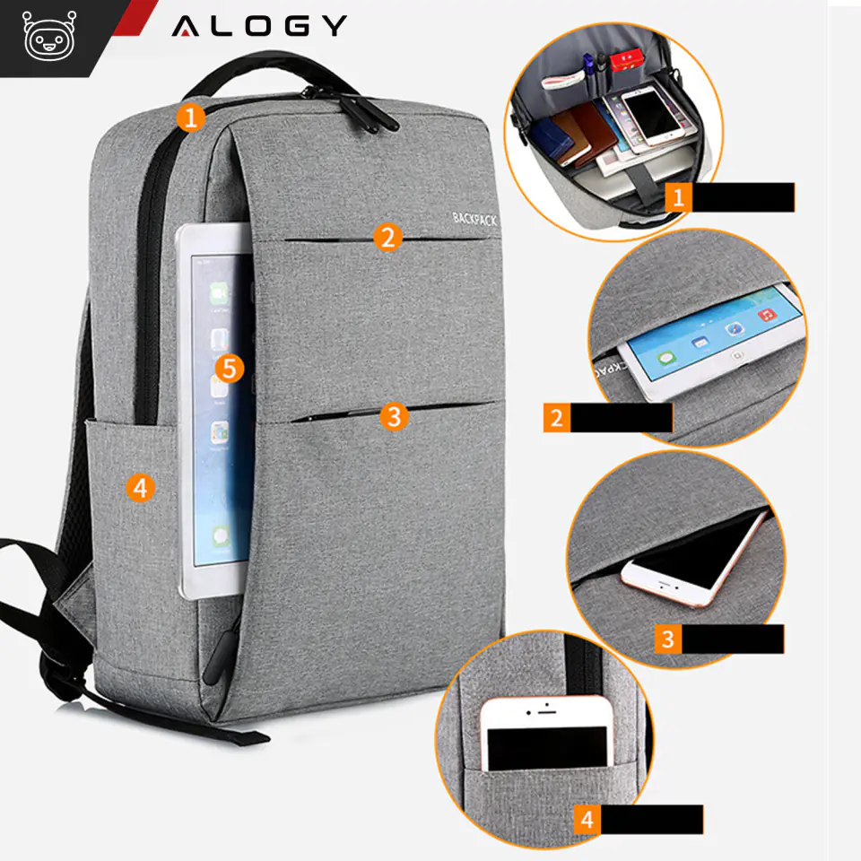 Plecak torba na laptopa 15,6" duży wodoodporny z portem USB Unisex 44x34x13cm do samolotu Alogy Backpack Szary
