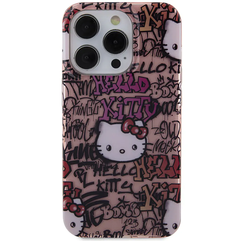 Oryginalne Etui APPLE IPHONE 15 PRO Hello Kitty Hardcase IML Tags Graffiti (HKHCP15LHDGPTP) różowe