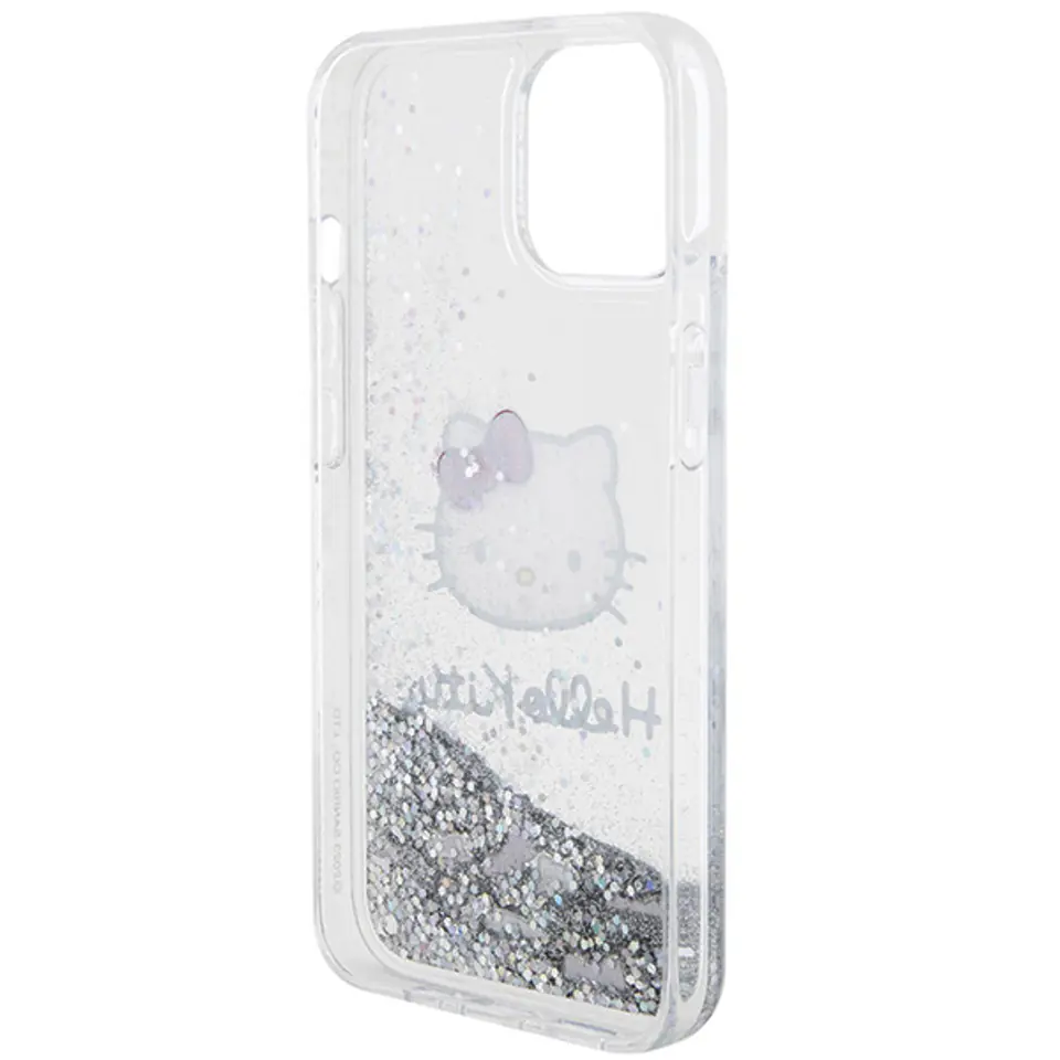 Oryginalne Etui IPHONE 13 / 14 / 15 Hello Kitty Hardcase Liquid Glitter Charms Kitty Head (HKHCP15SLIKHET) srebrne