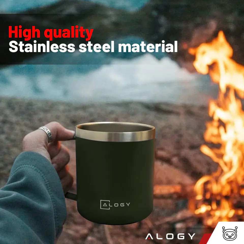 Kubek termiczny 420ml z uchwytem pokrywką na kawę herbatę stalowy zimne i ciepłe napoje Alogy Zielony