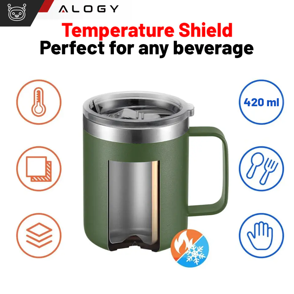 Kubek termiczny 420ml z uchwytem pokrywką na kawę herbatę stalowy zimne i ciepłe napoje Alogy Zielony