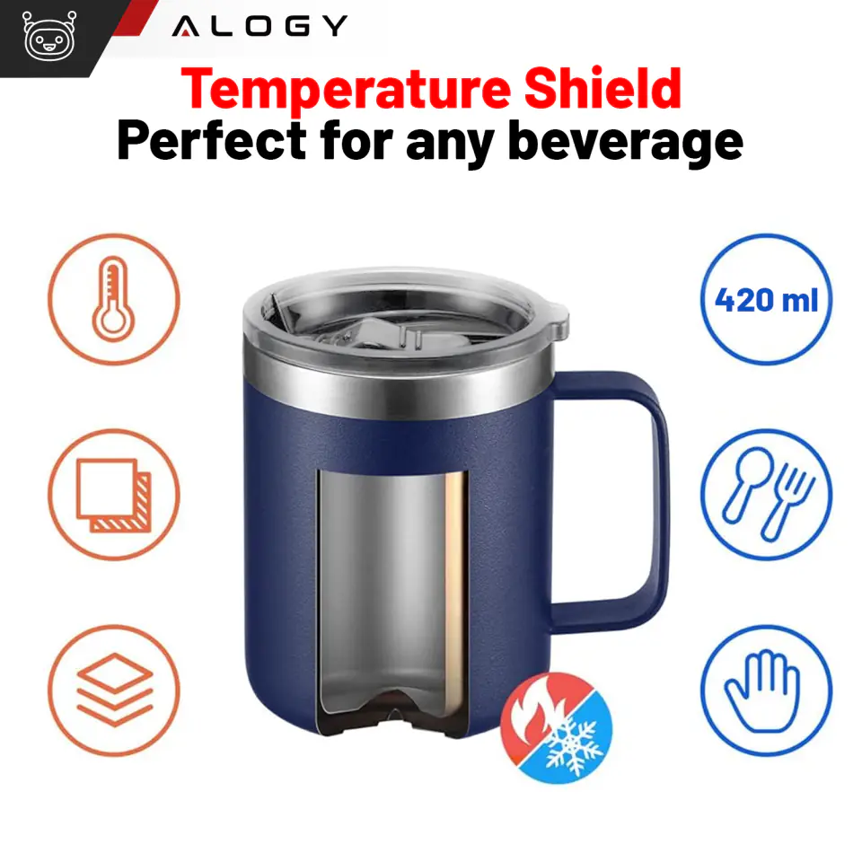 Kubek termiczny 420ml z uchwytem pokrywką na kawę herbatę stalowy zimne i ciepłe napoje Alogy granatowy