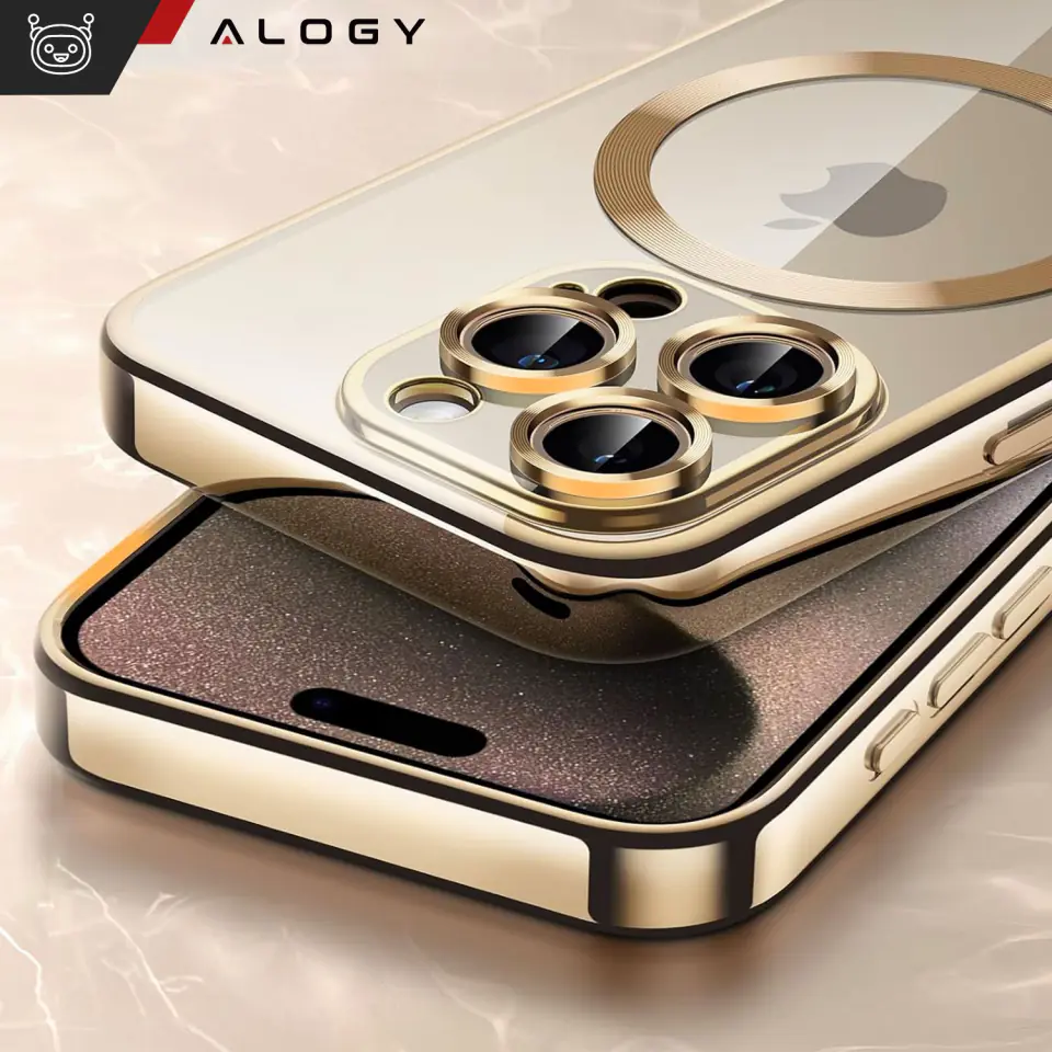 Etui MagSafe Case do iPhone 15 Pro Max Glamour Luxury obudowa Slim Ring Alogy Złote przezroczyste