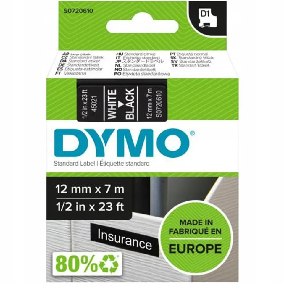 Taśma biały nadruk na czarnym 12mm x 7m DYMO S0720610