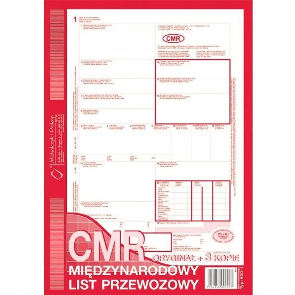 800-1N CMR A4 80kartek 1+3 numerowany międzynarodowy list przewozowy M&P