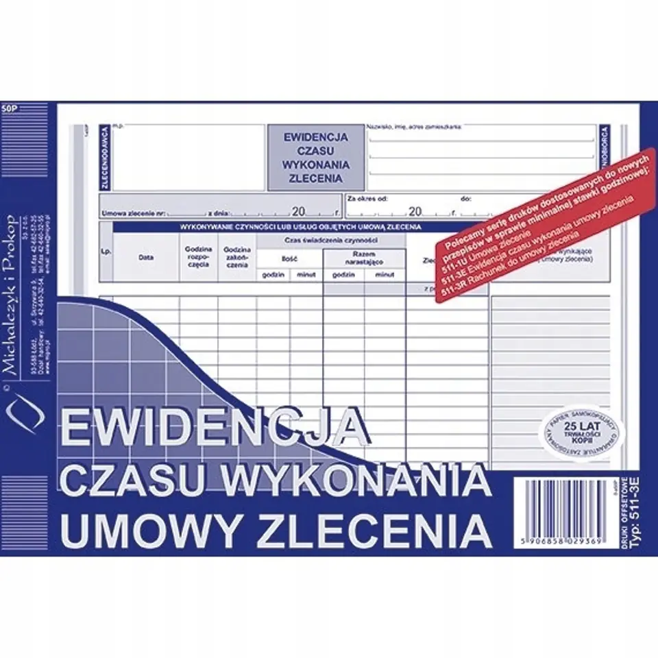 511-3E Ewidencja czasu wykonania zlecenia A5 offset MICHALCZYK&PROKOP