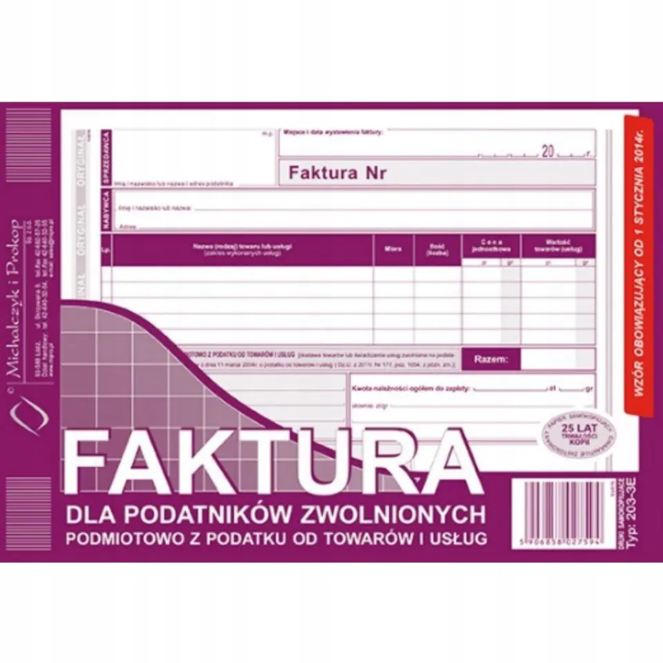 203-3E Faktura dla podatników zwolnionych z VAT A5 (o+1k) MICHALCZYK