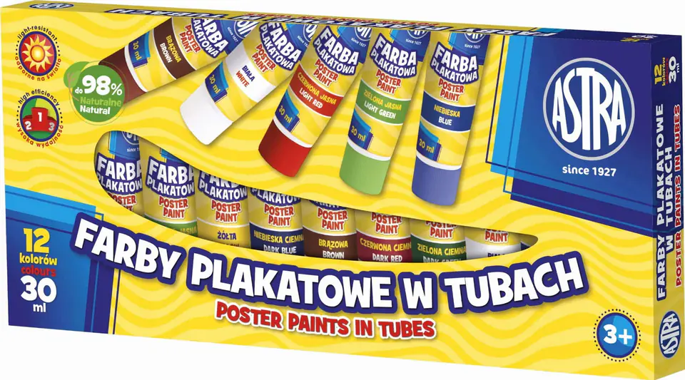 Farby plakatowe w tubkach szkolne 12 kolorów 30ml 83110901 ASTRA