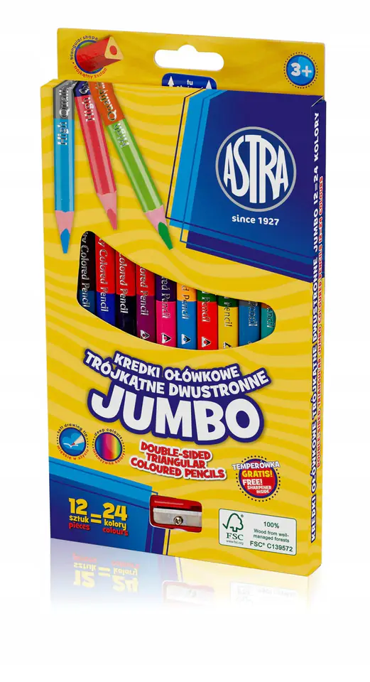 Kredki ołówkowe JUMBO 12=24 kolory z temperówką 312118001 ASTRA