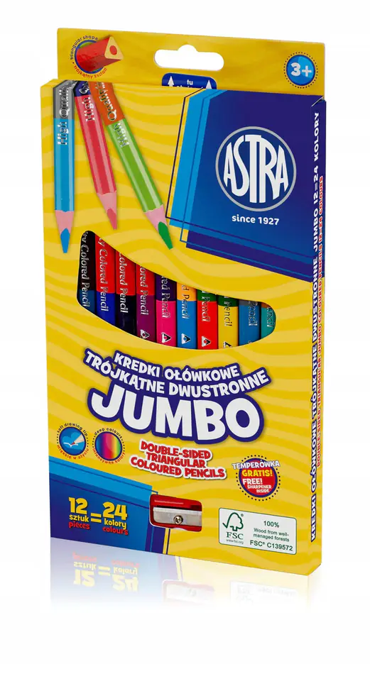 Kredki dwustronne ołówkowe JUMBO grube 12 kredek 24 kolory + temperówka 312118001 ASTRA