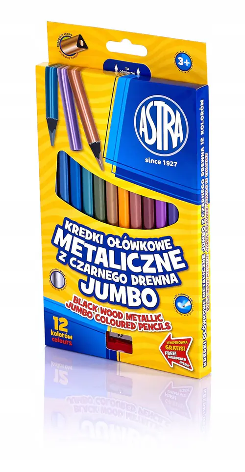 Kredki ołówkowe metaliczne JUMBO zestaw 12 kolorów + temperówka 312114003 ASTRA