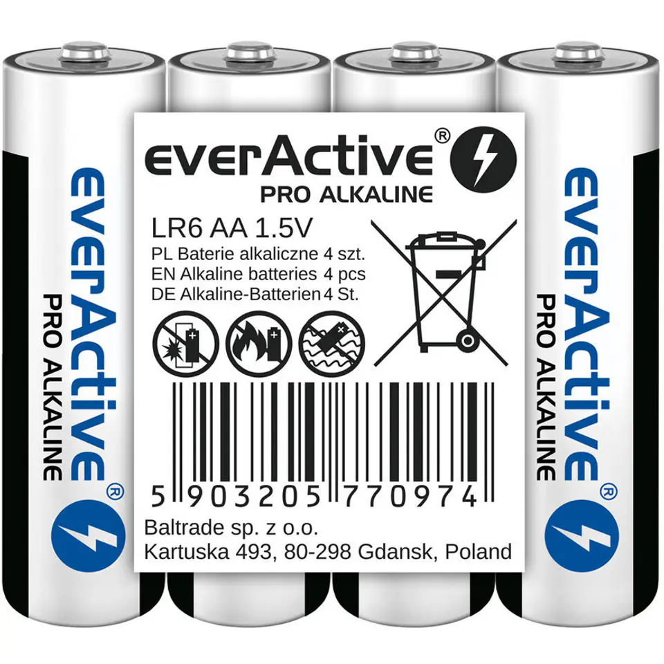 EVERACTIVE BATERIE ALKALICZNE PRO ALKALINE AA, LR6, SHRINK 4 SZT, 1250 MAH, WYSOKA WYDAJNOŚĆ, LR6PRO4T