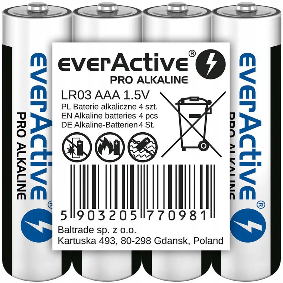 EVERACTIVE BATERIE ALKALICZNE PRO ALKALINE R03, AAA, SHRINK 4SZT , 1250 MAH, WYSOKA WYDAJNOŚĆ, LR03PRO4T