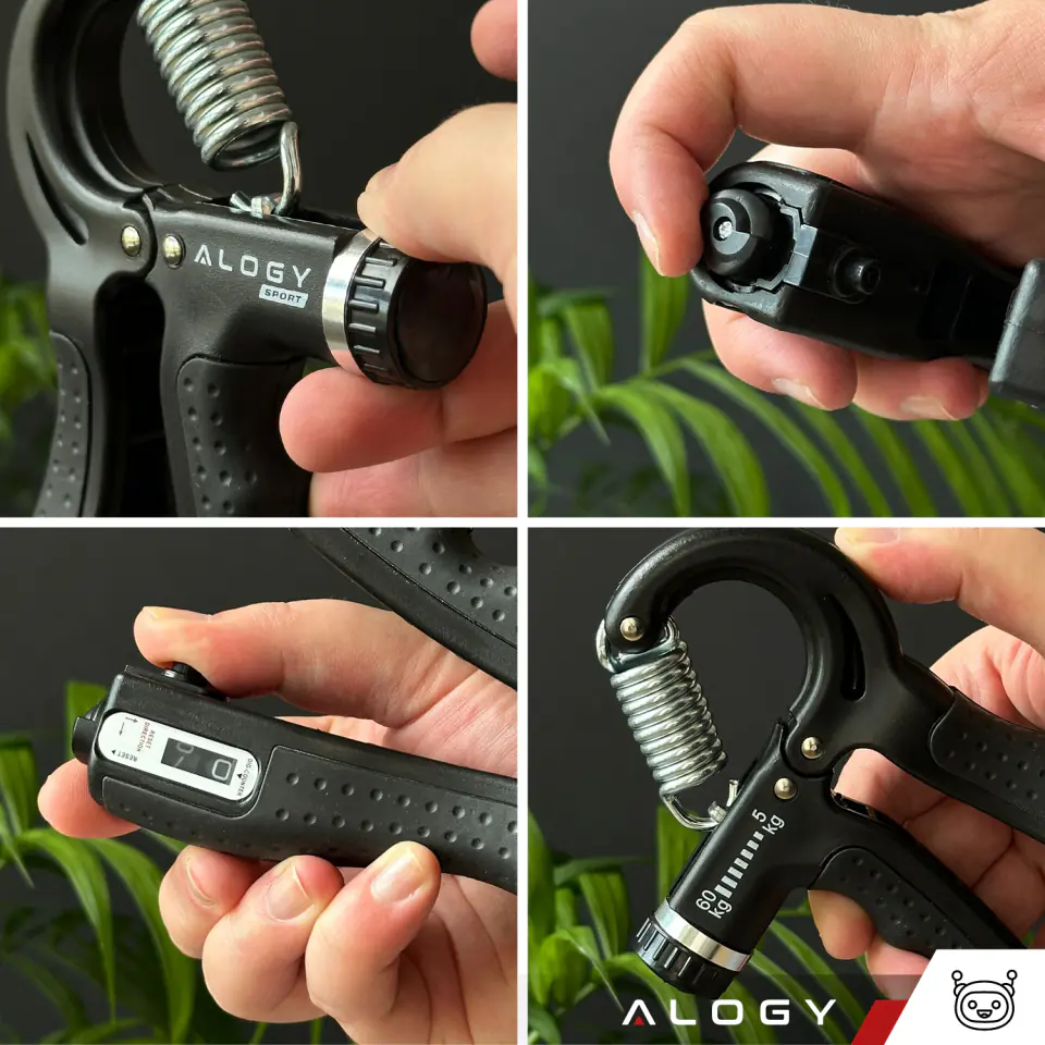 Ściskacz grip do rąk dłoni ćwiczeń regulowany duży opór 10-60kg ścisk Alogy Sport z regulacją i licznikiem Czarny