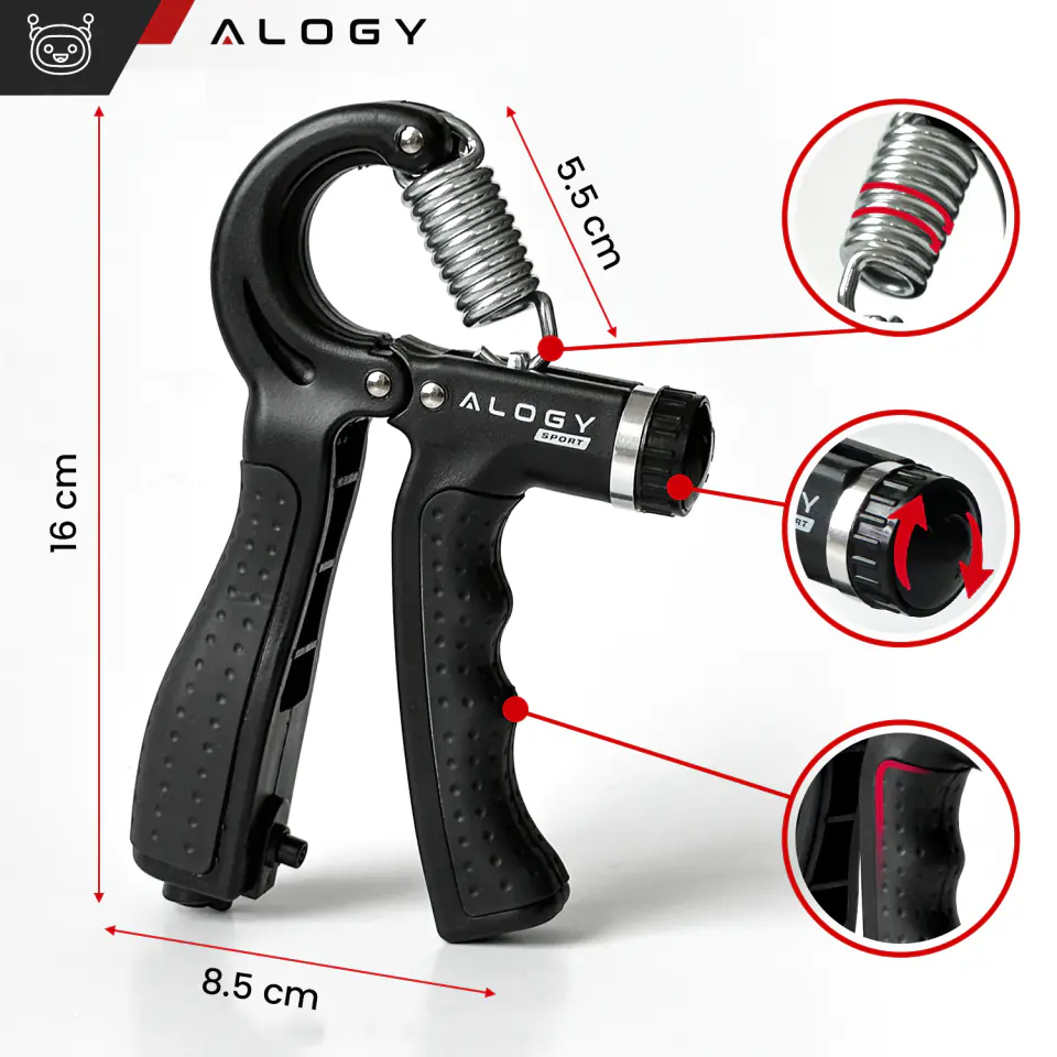 Ściskacz grip do rąk dłoni ćwiczeń regulowany duży opór 10-60kg ścisk Alogy Sport z regulacją i licznikiem Czarny