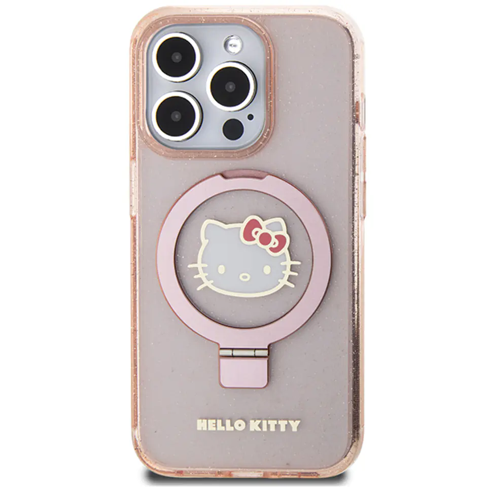 Oryginalne Etui IPHONE 13 / 14 / 15 Hello Kitty Hardcase Ring Stand Glitter Electrop Logo MagSafe (HKHMP15SHRSGEP) różowe