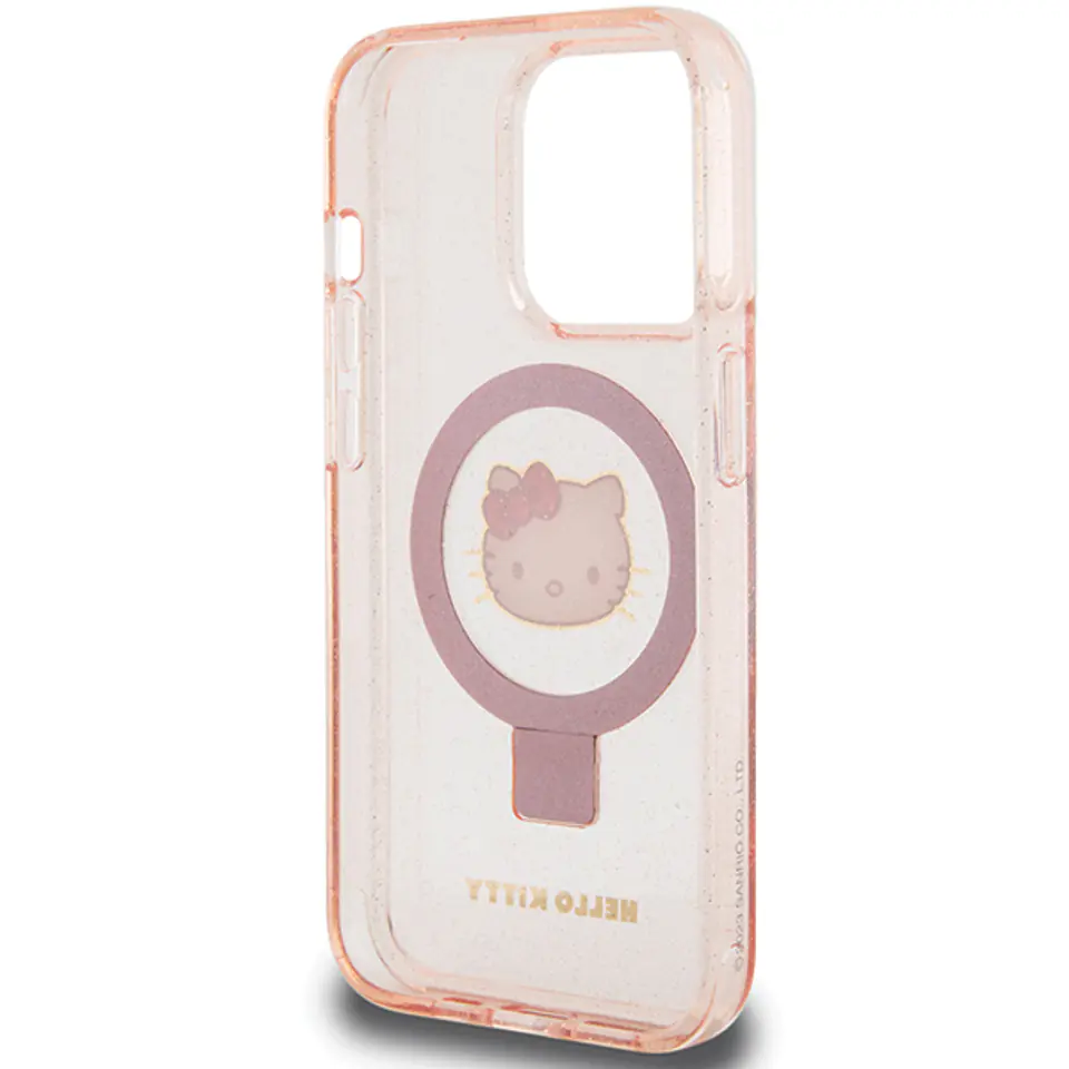 Oryginalne Etui APPLE IPHONE 15 PRO MAX Hello Kitty Hardcase Ring Stand Glitter Electrop Logo MagSafe (HKHMP15XHRSGEP) różowe