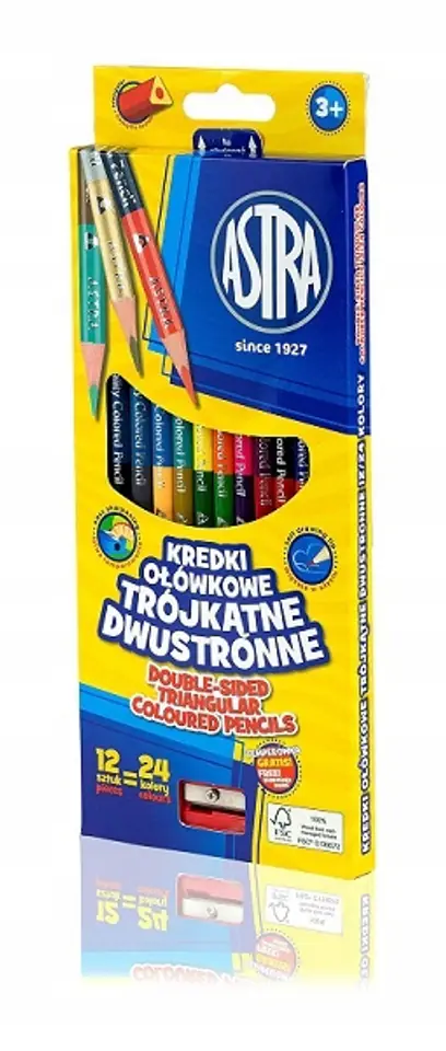 Kredki dwustronne 12 kredek 24 kolory ołówkowe trójkątne z temperówką 312113001 ASTRA
