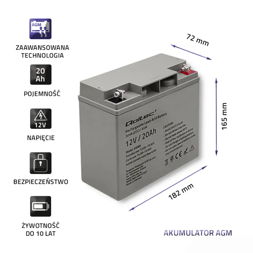 12V 20Ah batterie cyclique au plomb, battery-direct CYC-AGM-12-20,  181x76x166 mm (Lxlxh), Borne