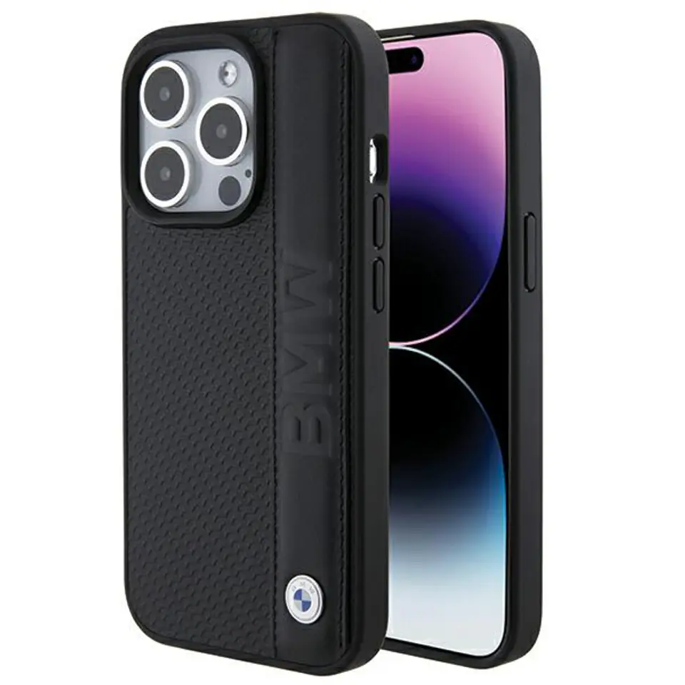 BMW BMHCP15X22RDPK iPhone 15 Pro Max  6.7" czarny/black hardcase Leather Textured & Stripe