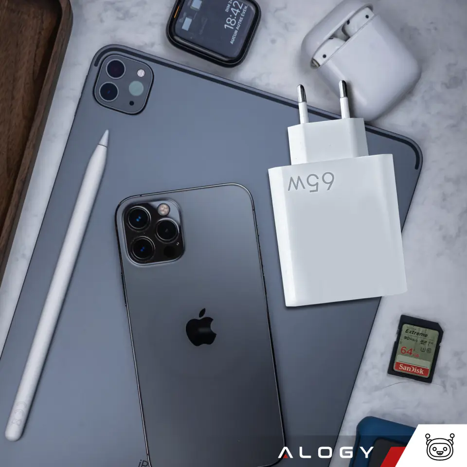 Ładowarka sieciowa szybka USB-A QC 3.0 Quick Charge + USB-C PD 33W 65W Alogy Biała