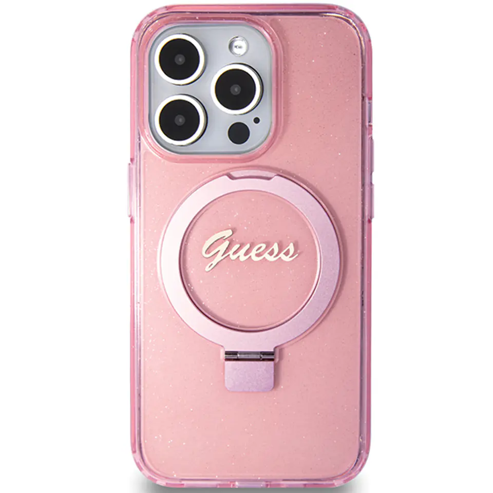 Guess GUHMP15XHRSGSP iPhone 15 Pro Max  6.7" różowy/pink hardcase Ring Stand Script Glitter MagSafe