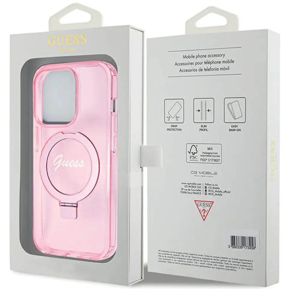 Guess GUHMP15XHRSGSP iPhone 15 Pro Max  6.7" różowy/pink hardcase Ring Stand Script Glitter MagSafe