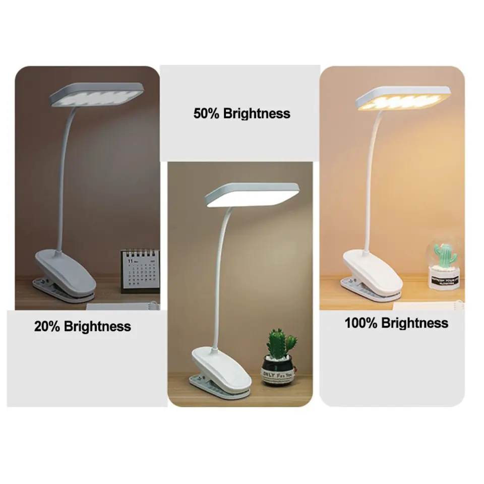 Lampka LED nocna na biurko biurkowa do czytania z klipsem lampa na klips dotykowa 3 tryby bezprzewodowa kabel USB biała