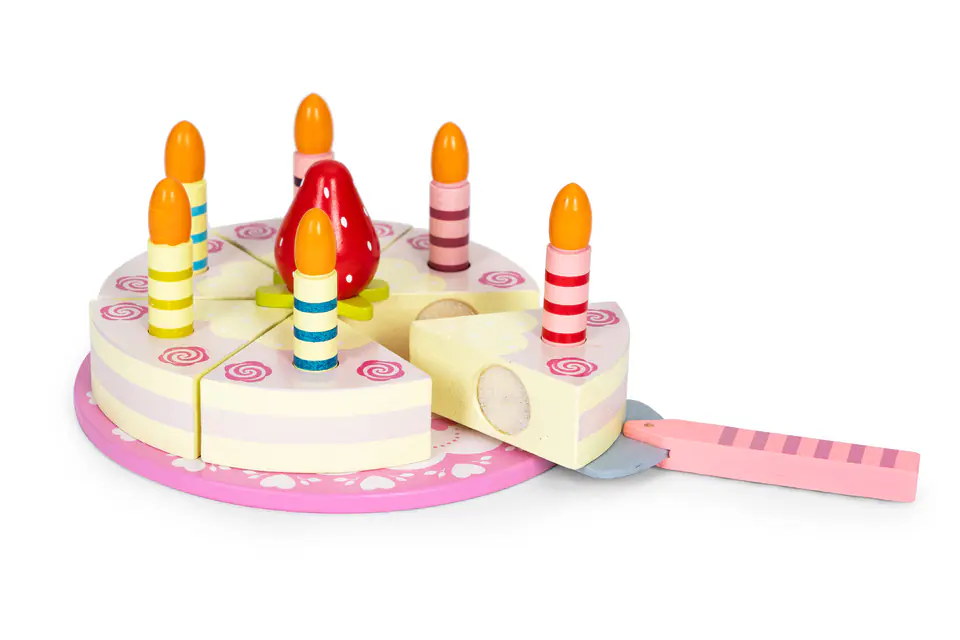 Zestaw drewniany tort na rzepy świeczki truskawka dla dzieci 15 elementów ECOTOYS